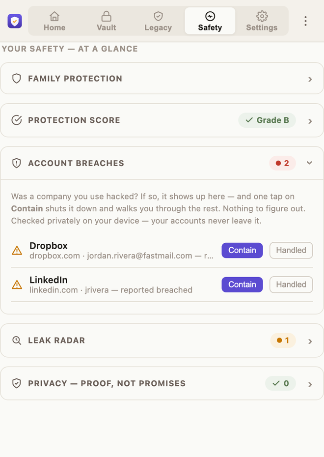 Veridenti's Account breaches panel showing a breached site with a one-tap Contain button