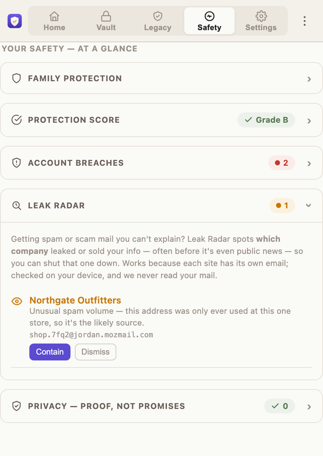 Leak Radar flagging which company is the likely source of a leaked alias